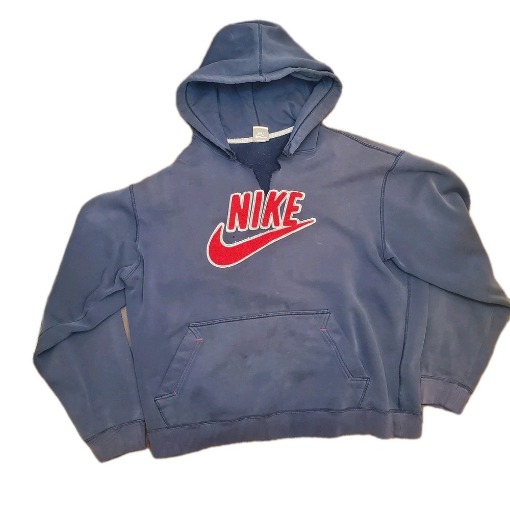 Vintage Y2K Nike Sportswear Chenille Patch Hoodie Sweatshirt Blue Sz XL Swoosh